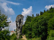 A panoramic view on the limestone stack called Hercules bludgeon in the Ojcow National Park near Krakow,Lesser Poland, Poland. Tatra mountains.Rock formation.Jurassic Krakow-Czestochowa.Pieskowa Skala