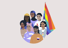 A Diverse Group Of Modern Millennials With A Rainbow Flag Drawn In A Circle, People Wearing LGBTQ Community Signs And Symbols