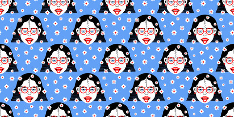 Wall Mural - Head hippie girl with heart on tongue and flowers daisy in graphic pop style seamless pattern