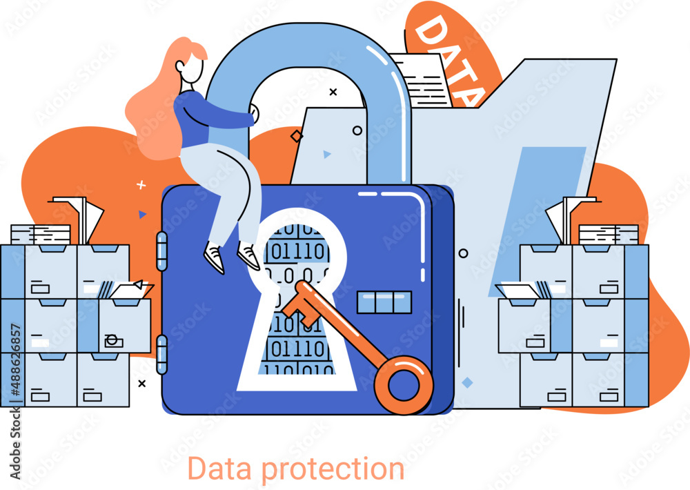 Data protection metaphor, privacy, information security. Secure data management and protect data hacker attacks. Protected access control antivirus software safe internet communication, secure storage