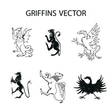 A Griffin Is Also Known As A Griffin Or Griffon With A Lion Body, Hand Drawn Illustration In The Engraving Style