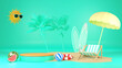 3d rendering box podium palm leaves with summer background.