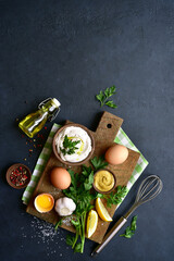 Wall Mural - Ingredients for making mayonnaise . Top view with copy space.