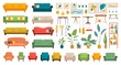 Set of furniture and decorations for house. Colorful stickers with sofas, armchairs, paintings, potted flowers, lamps and bookcase. Cartoon flat vector collection isolated on white background