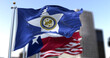 Houston city flag waving in the wind with Texas state and United States national flags