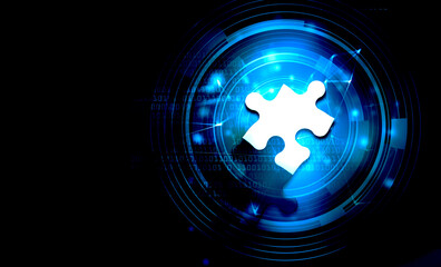 Wall Mural - white jigsaw puzzle on abstract digital futuristic background, find the new elements in world digita