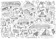 Hand drawn set of traveling doodles, vector icons on white paper