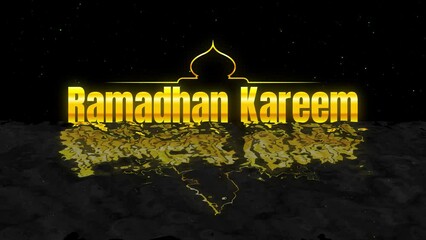 Wall Mural - Ramadhan Kareem Greeting in Gold Color Gradient 4k motion graphic with Mosque Silhouette Isolated on Ocean Wave and Black Stars Burst Particle Background.