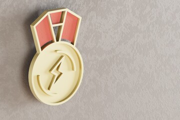 Poster - Beautiful golden medal lightning symbol on wall bright background. 3d rendering illustration. Background pattern for design.