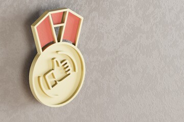 Poster - Beautiful golden medal thumbs up symbol on wall bright background. 3d rendering illustration. Background pattern for design.