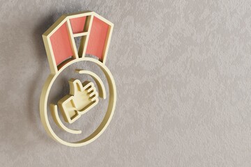 Poster - Beautiful golden medal thumbs up symbol on wall bright background. 3d rendering illustration. Background pattern for design.