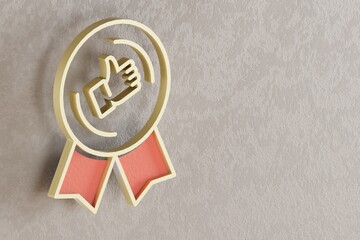 Poster - Beautiful golden thumbs up Badge symbol on wall bright background. 3d rendering illustration. Background pattern for design.