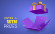 Open purple Gift Box and Confetti on blue background. Enter to Win Prizes. Vector Illustration
