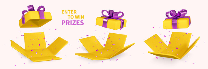 Wall Mural - 3D realistic yellow gift boxes with shiny purple bow and ribbon. Paper boxes isolated on light background. Vector illustration
