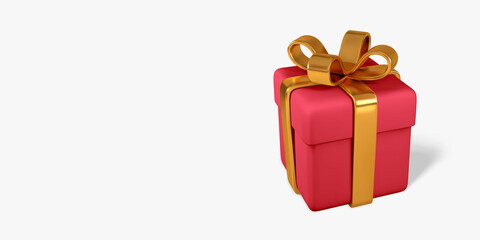 Wall Mural - 3D realistic red gift box with golden bow and ribbon. Paper box isolated on light background. Vector illustration