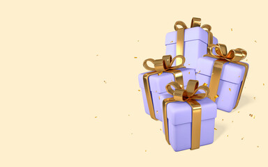 Wall Mural - 3d realistic light purple gift boxes with golden bow and confetti. paper boxes with ribbon isolated 