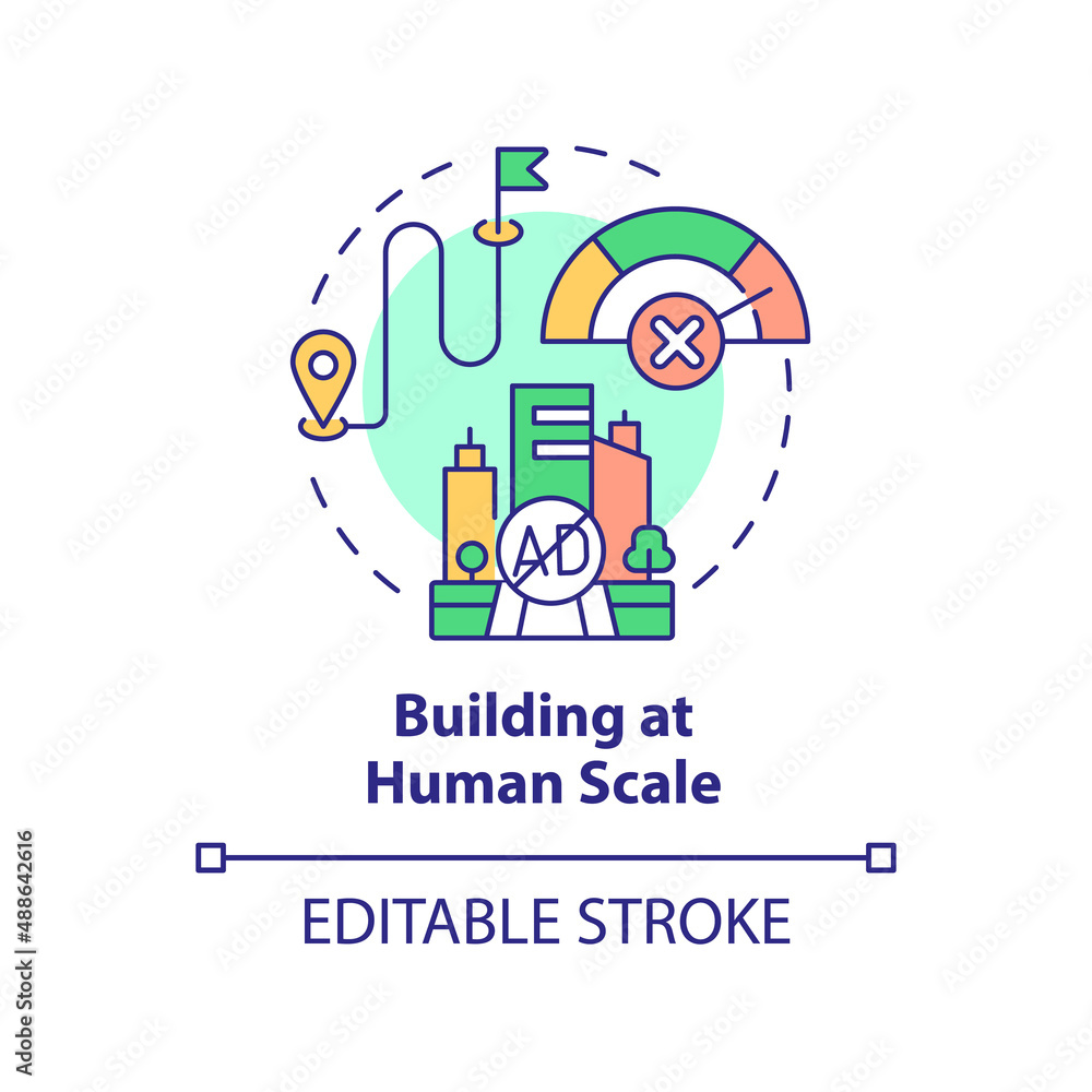 Building at human scale concept icon. Comfortable city. Principles of ...