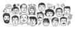 Faces of people different nationalities and ages drawn with black outline. Society doodle vector illustration