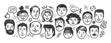 Faces Of People Different Nationalities And Ages Drawn With Black Outline. Society Doodle Vector Illustration