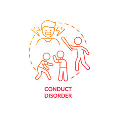 Sticker - Conduct disorder red gradient concept icon. Childhood mental disorder abstract idea thin line illustration. Physical violence. Lack of empathy. Isolated outline drawing. Myriad Pro-Bold font used