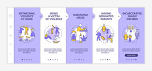 Survivors Of Childhood Trauma Purple And White Onboarding Template. Responsive Mobile Website With Linear Concept Icons. Web Page Walkthrough 5 Step Screens. Lato-Bold, Regular Fonts Used