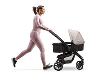 Full profile shot of a fit mother in crop top and leggings running with a baby stroller