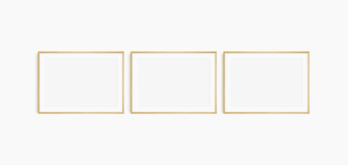 Horizontal frame mockup 7:5, 70x50, A4, A3, A2, A1 landscape. Set of three thin oak wood frames. Gallery wall mockup, set of 3 frames. Clean, modern, minimalist, bright. Mat opening 3:2.