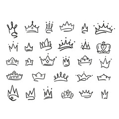 Poster - Big set of different crown icons drawn in doodle style.Vector illustration.Crowns of princes, princesses, kings, queens made by hand.