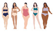 © Mk_alb - Body positive woman in bikini vector set. Female underwear illustration. Plus size and slim international and interracial woman.