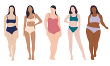 Body Positive Woman In Bikini Vector Set. Female Underwear Illustration. Plus Size And Slim International And Interracial Woman.