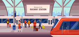 Fototapeta Londyn - Nice vector illustration of a railway station in a cartoon style. Boarding the train people with luggage. Logistics of passenger transportation.