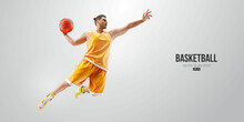 Realistic Silhouette Of A Basketball Player Man In Action Isolated White Background. Vector Illustration