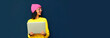 Portrait of modern happy smiling young woman with laptop looking away wearing colorful clothes on dark blue background, banner blank copy space for advertising text