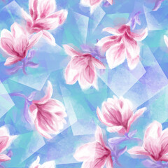 seamless pattern of soft pink magnolia flowers on a blue background with triangles and texture. tren