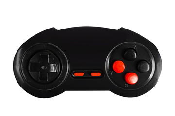 Poster - Isolated photo of gaming 8 bit plastic controller joystick with red buttons on white background.