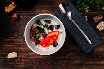 Poster - Porridge Bowl With Fresh Summer Berries In Bowl. Clean Eating Dieting Concept. Oatmeal With Berries