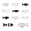 Fish icon set, black isolated on white background, vector illustration.