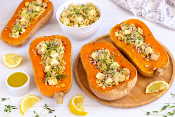 Baked butternut squash with vegetarian tofu and pearl barley filling