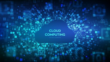 Cloud technology background. Cloud computing. Cloud storage internet concept. Abstract futuristic cyberspace. Binary data flow tunnel. Big data. Digital code with digits 1.0. Vector Illustration.