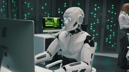 Wall Mural - future is now. futuristic automated ai robot worker using computer working in modern data center off