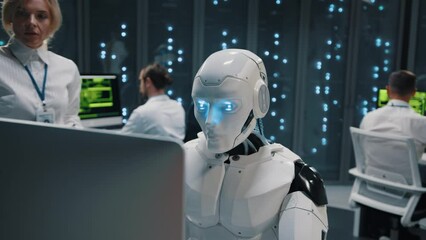 Wall Mural - futuristic ai cyborg using desktop computer typing keyboard programming server data operating at dar