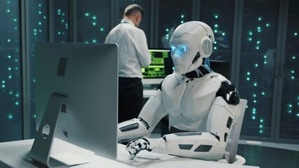 Wall Mural - portrait artificial intelligent white ai robot typing computer keyboard using internet webhosting at