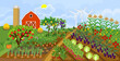 Agricultural landscape. Traditional cartoon farm with many agricultural plants, red barn, silo and wind turbine. Harvest time