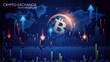 Bitcoin symbol on dark blue background. Abstract vector image. Exchange trading charts. Digital electronic currency. Cryptocurrency. Online banking. The contours of the planet Earth.
