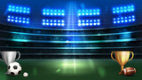 Fototapeta Sport - Bright stadium arena with spotlights, champion cups and sport balls