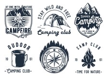 Camping Outdoor Adventures, Summer Forest Camp, Wild Life Explore Emblems Set