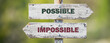 opposite signs on wooden signpost with the text quote possible impossible engraved. Web banner format.