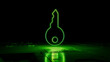 © RocknRoller Studios - Green neon light key icon. Vibrant colored Security technology symbol, on a black background with high tech floor. 3D Render