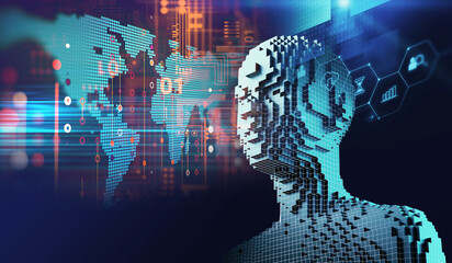 3d illustration of cubic human form on technology background.