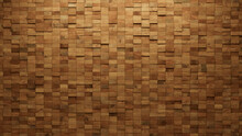 Wood Tiles Arranged To Create A Soft Sheen Wall. Natural, 3D Background Formed From Rectangular Blocks. 3D Render